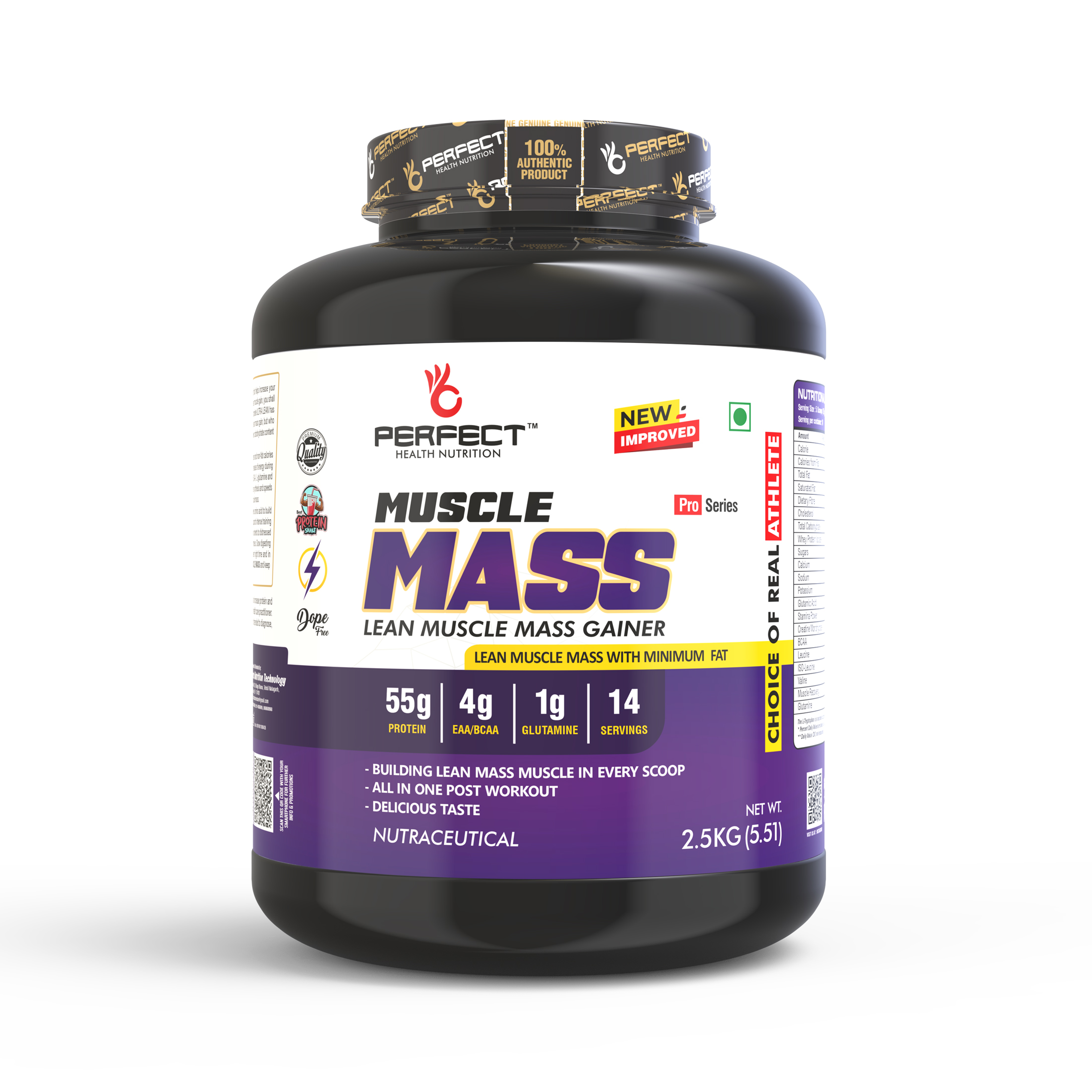 Perfect Health Nutrition Muscle Mass, Lean Muscle Mass Gainer with Digestive Enzymes (2.5 kg / 5.5 lbs)