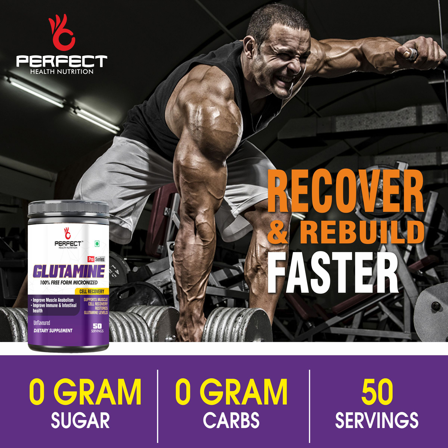 PERFECT HEALTH NUTRITION GLUTAMINE (UNFLAVOURED) (250 GM, 50 SERVING) - Image 9